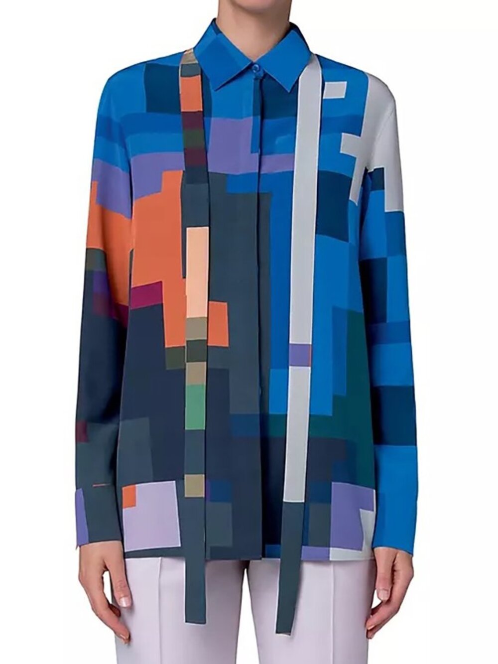 NWT Akris Flowers At Home Pixel Print Silk Top Blouse Blue Squares Colorblock 8